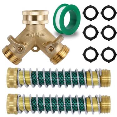 Imagem de Triumpeek Divisor de mangueira de latão de 2 vias, conector de mangueira de jardim de 2 vias de latão com 2 peças de protetores de mola enrolados de mangueira de jardim e 6 arruelas de borracha