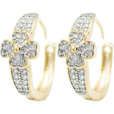 Imagem de Brinco feminino de argola de cruz cristã com flor de 1,8 cm, detalhes de zircônia cúbica micropave, banhado a ouro amarelo 18 k, fechos de pressão nas costas, 0.70 Inch, Zircônia cúbica Zircônia