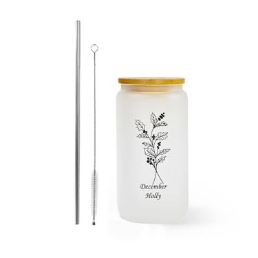 Imagem de AGH Presentes lata de vidro fosco para homens e mulheres, copo de vidro de 473 ml com tampas Banboo e canudo, copo de azevinho de dezembro para café gelado, smoothie, uísque, boba, chá de