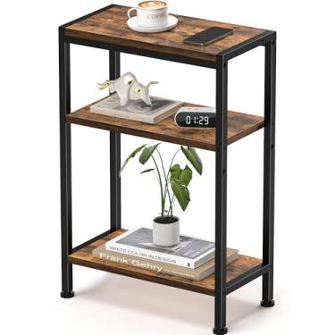 Imagem de Mesa lateral estreita para espaços pequenos, mesa de canto pequena de 3 camadas com suporte de prateleira, mesa de cabeceira fina, mesa de sofá de lanche skinny na sala de estar, quarto, escritório