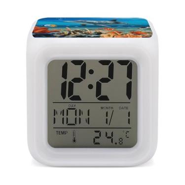 Imagem de RTFGHJS Despertador Golfinhos Azul Colorido Despertador Pequeno Display LED Despertador Digital Relógio Compacto Relógio Eletrônico para Quartos Cabeceira Mesa Prateleira Tamanho Único