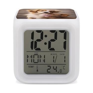 Imagem de RTFGHJS Despertador fofo cachorro colorido despertador pequeno visor LED despertador digital relógio compacto relógio eletrônico para quartos cabeceira mesa prateleira tamanho único