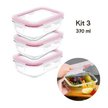 Imagem de Kit 3 Potes Vidro Hermética Com Tampa Silicone Rosa 370ml - Sem Marca