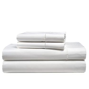 Imagem de LANE LINEN - Conjunto de lençóis de cama queen 600 fios - 4 peças, lençóis 100% algodão penteado de fibra longa para cama tamanho Queen, lençóis de bolso profundo 43 cm - Brancos listrados