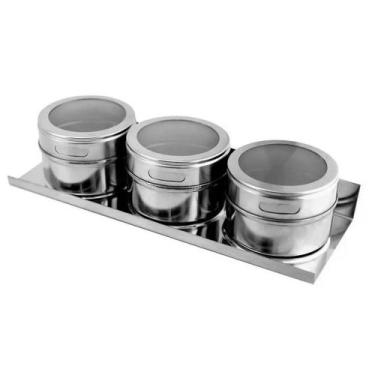 Imagem de Porta Condimento Tempero Magnético Inox 3 Potes Com Imã - Gici Casa