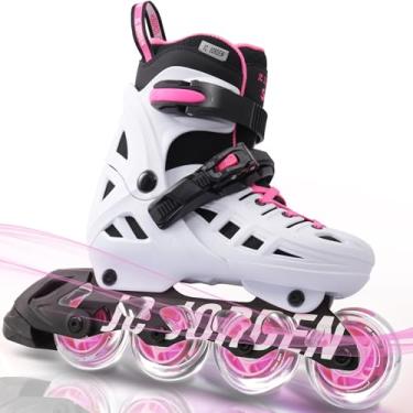Imagem de Patins em linha para crianças, meninas e meninos, lâminas de patins ajustáveis de 4 tamanhos com rodas de iluminação total para mulheres e homens, revestimento externo durável, patins de 4 a 12