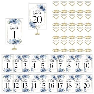 Imagem de CORNER LACE Números de mesa de casamento florais 1-20 com 20 peças de porta-cartões dourados - 10 x 15 cm, decoração de centro de mesa azul escuro e azul marinho para casamento, chá de panela
