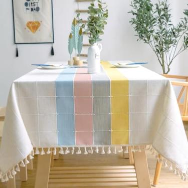 Imagem de KAIJIE Toalha de mesa retangular de algodão e linho, moderna, minimalista, quadriculada, decoração listrada de quatro cores, capa de mesa lavável para festa, piquenique, jantar, 100 x 160 cm
