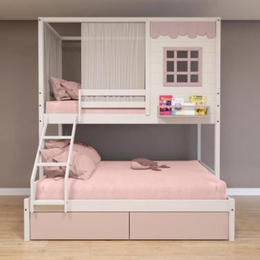 Imagem de Beliche Casinha Reta Casal/ Solteiro 02 Gavetas Rosa Cortina Madeira M