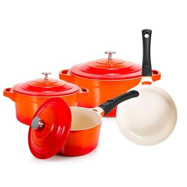 Imagem de LE COOK Jogo de Panela Premier Antiaderente Cerâmica 4 Peças Laranja Caçarola 20cm 24cm, revestimento ceramico Frigideira e Panela com Cabo Removível Compatível com Indução e Forno