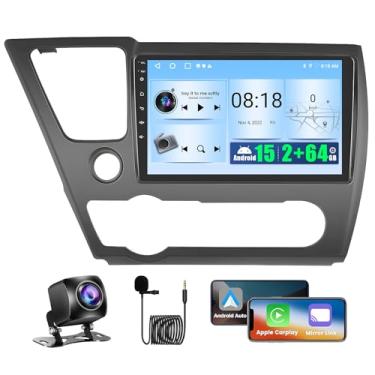 Imagem de Realdio Android 15 estéreo para carro 2 + 64 G para Honda Civic 2013 2014 2015 2016 2017 com tela sensível ao toque sem fio CarPlay Android Auto, rádio veicular com tela sensível ao toque de 9