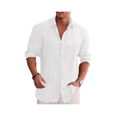 Imagem de Camisa Casual Masculina De Manga Comprida, Ajuste Solto, Cor Pura, Alg