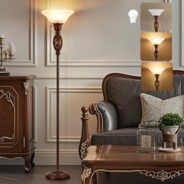 Imagem de Luminária de chão Torchiere de 178 cm com luz noturna - Lâmpada de pé estilo vitoriano para sala de estar, quarto, escritório - Candeeiros de chão retrô com interruptor rotativo e sombra de vidro