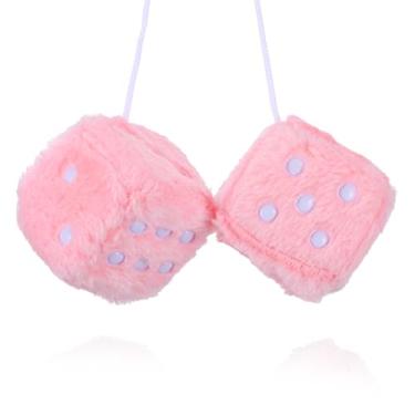 Imagem de Par de dados difusos de 6 cm de dados decorativos vermelhos felpudos para espelho de carro interior espelho retrovisor enfeite de pendurar acessórios de carro (rosa bebê)