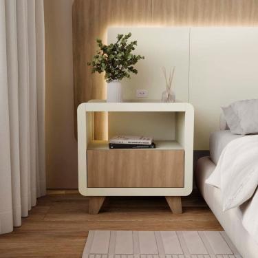 Imagem de Mesa de Cabeceira 55cm com Gaveta e Nicho 100% Mdf Padrão Planejados Mabel Off White / Louro Freijó Grann