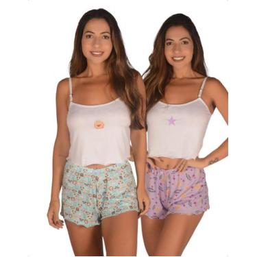 Imagem de Kit 2 Pijama Feminino Baby Doll Short Estampado Confortável Alça Regul