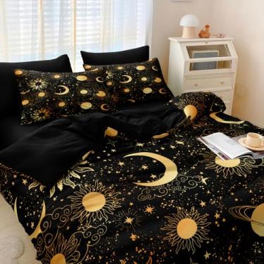 Imagem de MOVE OVER Conjunto de edredom preto e dourado, tamanho Queen, sol e lua, 8 peças, preto, dourado, universo, galáxia, sol, lua, edredom para todas as estações