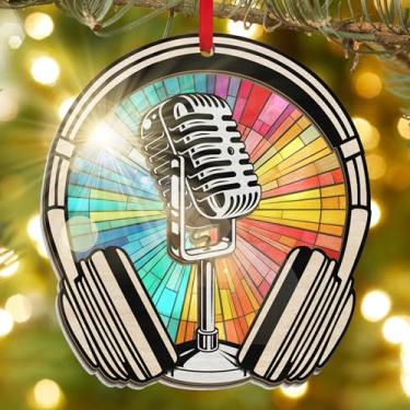 Imagem de Ornamento para fones de ouvido com microfone – 10 cm para decoração de pendurar em madeira para músicos, cantores, DJs – Decoração de janela arco-íris de vitral para amantes de música, estúdio, sala