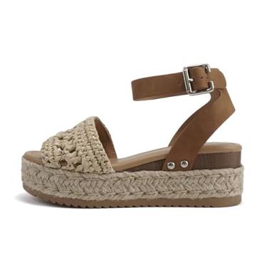 Imagem de Soda Topic Sandália casual com fivela de bico aberto e tira no tornozelo, alpargatas, plataforma plana, Raffia, 34