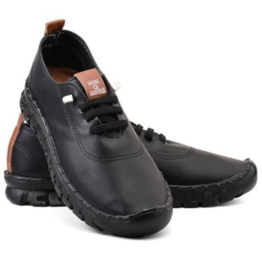 Imagem de Sapatênis Feminino Casual em Couro Verniz, Sola Flexível com Cadarço em Elastico (MX-A Preto/Caramelo, BR, Adulto, Numérico, 37)