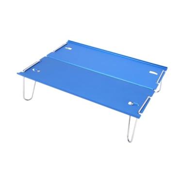 Imagem de UGPLM Mesa de acampamento Mesa de praia Pequena lateral compacta de liga de alumínio para áreas externas Móveis de acampamento para churrasco Mochilão Praia, Azul