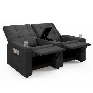 Imagem de Poltrona do Papai Reclinável Cinema 2 Lugares Manual Baú USB Haifa F05 Linho Chumbo - Lyam Decor
