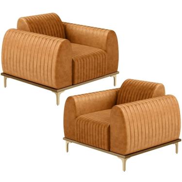 Imagem de Kit 02 Poltronas Decorativa Base De Madeira Castanho e Pés Metalizado D`Ouro Molino D02 Couríssimo Whisky B-90 - Lyam Decor