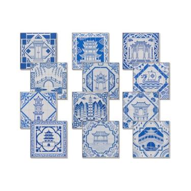 Imagem de Adesivos decorativos de azulejo branco azul com padrão de pogada chinês, azulejos adesivos espessos para móveis de cozinha RV Vanity Lareira Decoração (15 x 15 cm, 12 peças)