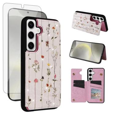 Imagem de Asuwish Capa de telefone para Samsung Galaxy S25 5G carteira celular com protetor de tela de vidro temperado flor luxuosa porta-cartão de crédito suporte suporte S 25 25S 25 25S SM-S931U mulheres