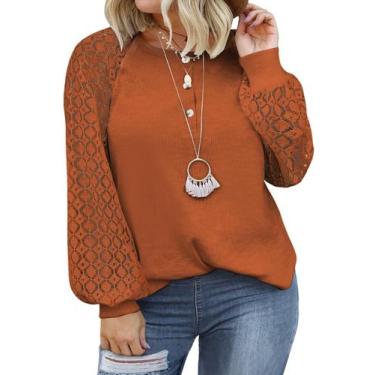 Imagem de Blusa Eytino Plus Size de renda de manga comprida com decote em V para