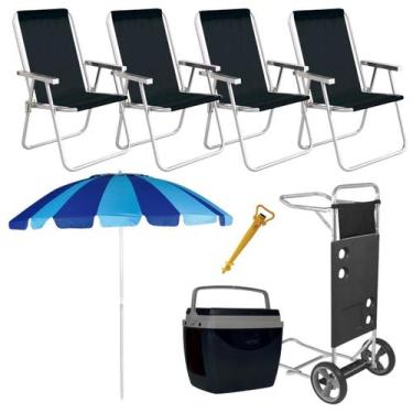 Imagem de Kit 4 Cadeira Praia Carrinho Guarda Sol 220cm Cooler 18L Mor, KIT 4 Ca