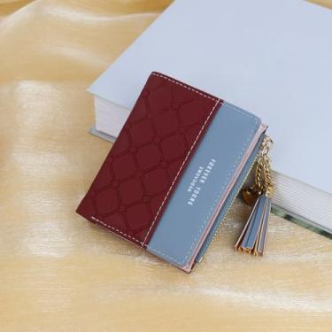 Imagem de Carteira de couro para mulheres, porta-cartões dobrável com zíper, bolso para moedas, multicartão, carteira feminina, porta-moedas, Vermelho, Lazer