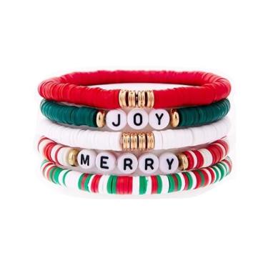 Imagem de Pingyongchang Conjunto de pulseiras de Natal com contas empilháveis de Natal para mulheres, camadas elásticas, Heishi, disco, disco, argila, elástico, boêmio, presentes de aniversário festivos, 1