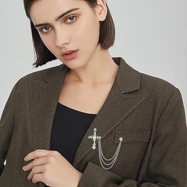 Imagem de Broche de cruz de prata broche de lapela francesa CZ broche de cristal crachá terno corrente de pendurar acessórios para terno diário, 1 count (pack of 1), Liga de aço, Zircônia cúbica