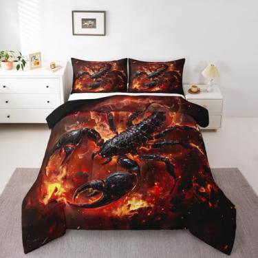 Imagem de Homewish Conjunto de edredom de escorpião preto, tamanho casal, 3D, chamas ardentes vermelhas, 3 peças, para decoração de quarto de crianças, meninos, adultos, homens, conjunto de colcha de animais
