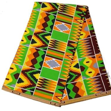 Imagem de Tecido de impressão de cera africana, 100% algodão Ankara, 6 metros, para vestidos, bricolage e trabalhos de projeto (Kente verde marrom multicolorido)