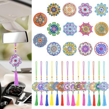 Imagem de LINGFANG 14 peças de enfeites de pintura de diamante, enfeite de carro de diamante dupla face, sinos de vento, arte de diamante, joia de cristal, decoração de casa, pintura 5D, kits DIY para adultos