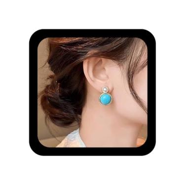 Imagem de Xduargs Brincos de pérola vintage turquesa pequenos brincos de pérola azul turquesa brinco de pedra brinco étnico ocidental joia feminina