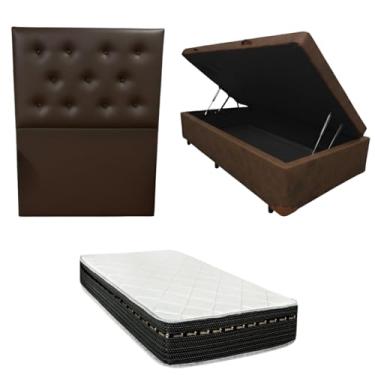Imagem de Cama Box Baú Blindada com Colchão Eagle Molas Bonnel 22cm + Cabeceira Botonê (CORINO MARROM, Solteiro)