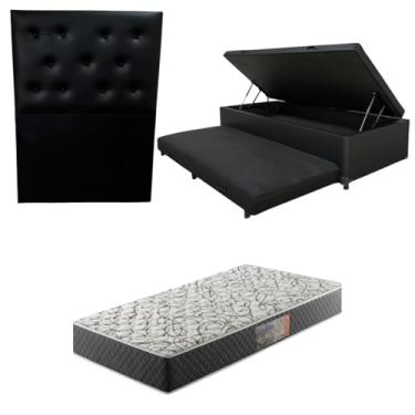 Imagem de Cama Box Baú Solteiro com Auxiliar (Bicama) + Colchão de Espuma D33 20cm | Kit Completo com Cabeceira Botonê Opcional | Diversas Cores (3, CORINO PRETO, COM CABECEIRA)