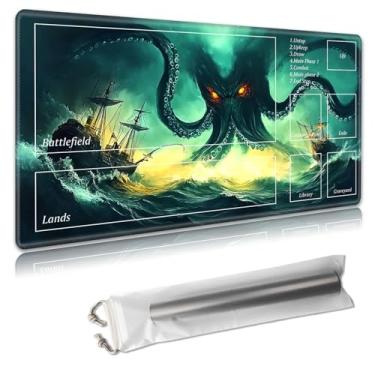 Imagem de Decahouy MTG Playmat with Zones – TCG Trading Card Game Mat – 24x14 Inches – Stitched Edges, Non-Slip Rubber Base – Portable Play Mat Desk Mouspad with Storage Bag,Kraken Attacking Ocean Ship