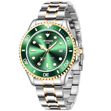 Imagem de AIYISHI Relógio masculino – Relógios masculinos luxuosos, à prova d'água, de aço inoxidável, com mostrador em ouro verde, analógico de quartzo, confortável e elegante para negócios, casual, uso diário