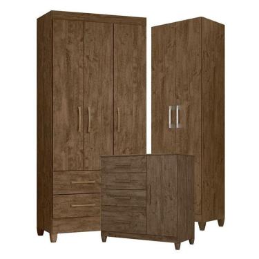 Imagem de Guarda Roupa Solteiro Lima Com Cômoda Vênus Com Pés E Armário Multiuso New íris Castanho Wood - Moval