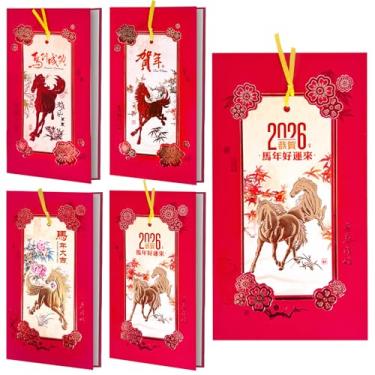 Imagem de 4 cartões comemorativos de ano novo chinês 2026, ano do cavalo, cartões postais de bênçãos do ano novo lunar, saudações do festival da primavera, design tradicional de envelope vermelho, perfeito para