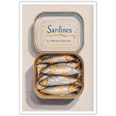 Imagem de Impressão de arte de parede em tela Sardines A L'Huile D'Olive - Pôster de peixe enlatado retrô francês, decoração de cozinha náutica costeira e sala de jantar, arte de pintura de sereia 30 x 40 cm