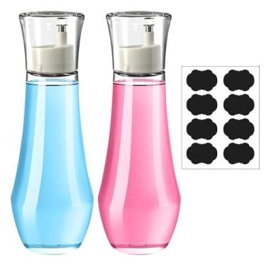 Imagem de Pacote com 2 dispensadores de enxaguante bucal de vidro, bomba de aço inoxidável, vidro transparente com marcas de medição, acessório moderno para banheiro