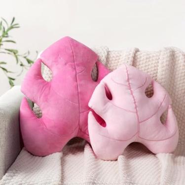 Imagem de AELS Conjunto de 2 almofadas decorativas de folhas 3D, conjunto de travesseiros de pelúcia Monstera Deliciosa de 45,7 cm e 35,5 cm para amantes de plantas, jardim, sala de estar, quarto de bebê, rosa