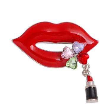 Imagem de Dreuyet Broche de lábios vermelhos sexy para mulheres strass cristal gestos silenciosos broches elegantes beijo boca lapela alfinetes roupas acessórios vestido joias presente amante, Middle, Liga de