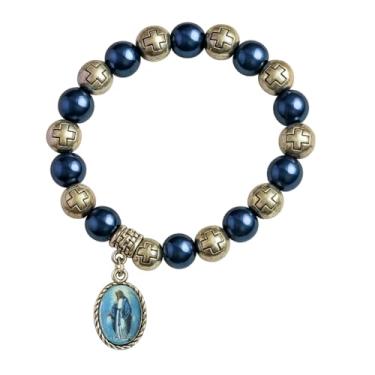 Imagem de Pulseira de Rosário Católico para Mulheres e Homens, Rosário de Pulso Elástico com Contas de Cruz e Medalha de Imagem Sagrada, Joias de Fé de Oração Cristã, Presentes Religiosos para Aniversário