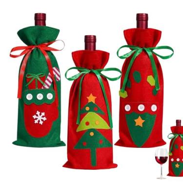 Imagem de Capas para vinho de Natal,Sacolas para vinho de Natal,3X capas de feltro para garrafas de vinho - Sacos bonitos da garrafa do Natal com cordão, sacos feitos à mão da capa da camisola da garrafa de vin